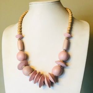 Big Pink and Natural Vintage Funky Wood Necklace